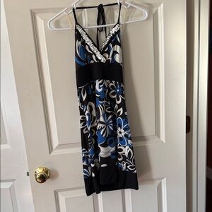 Floral Halter Dress with Blue and Black Pattern